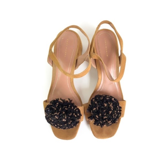 Zara Tan Suede Raffia Pom Pom Strappy Sandals | 39 - Picture 5 of 16